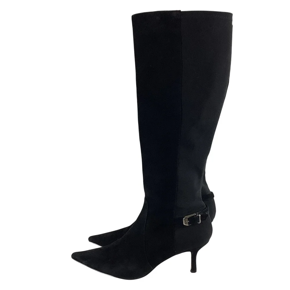 Ivanka Trump Izze Black Suede Pointed Toe Kitten Heel Tall Boots Women 8.5